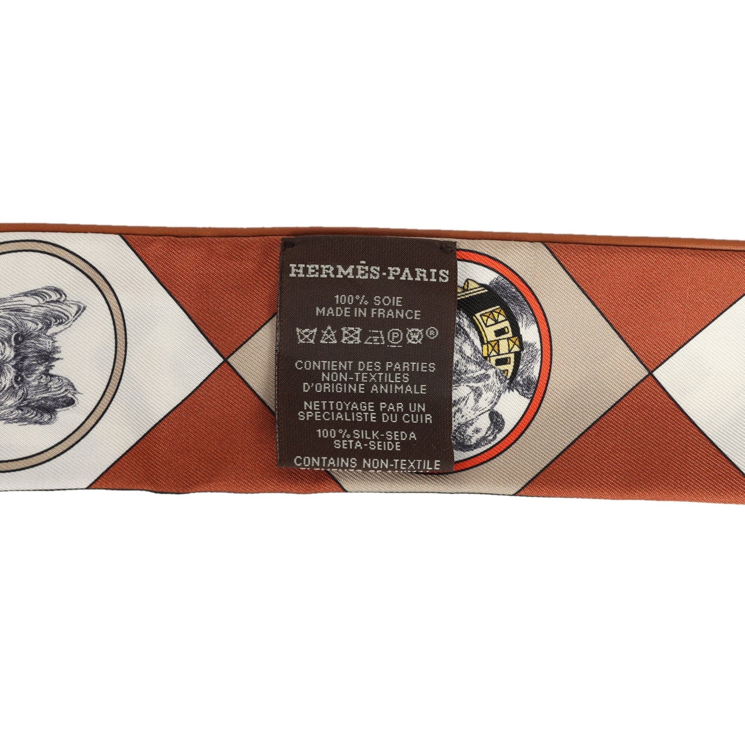 Hermes Colliers et Chiens Forever Black, Blanc, Caramel Leather Trim Silk Twilly