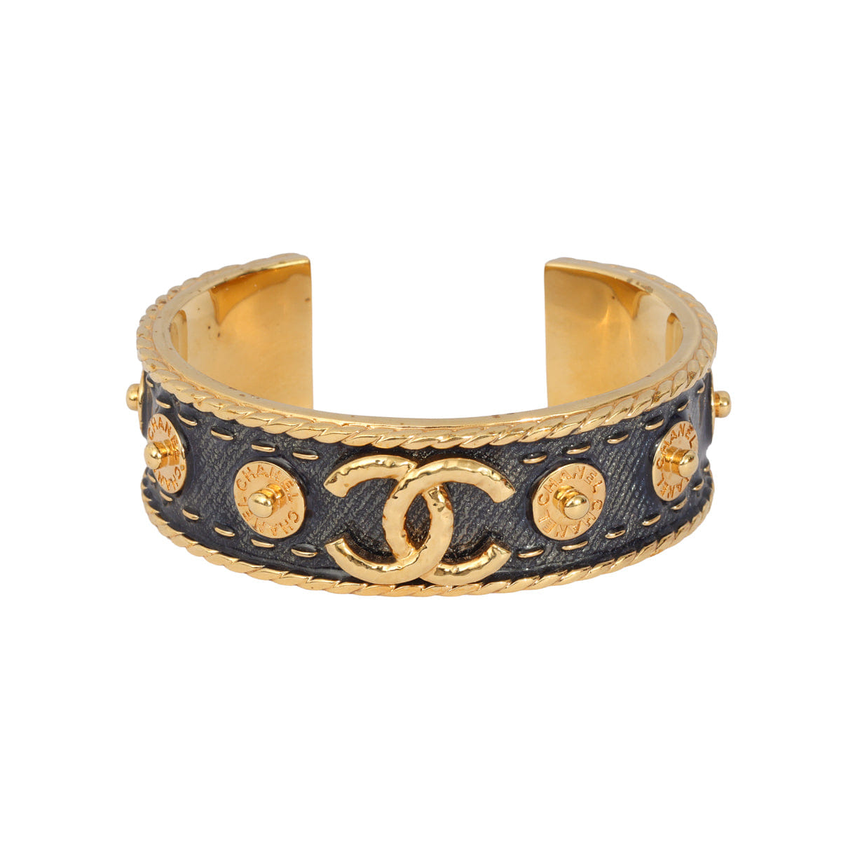 CHANEL DENIM AND GOLD METAL CUFF BRACELET