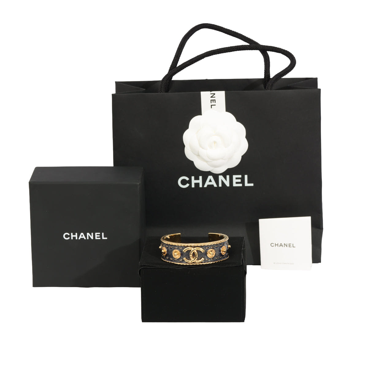CHANEL DENIM AND GOLD METAL CUFF BRACELET