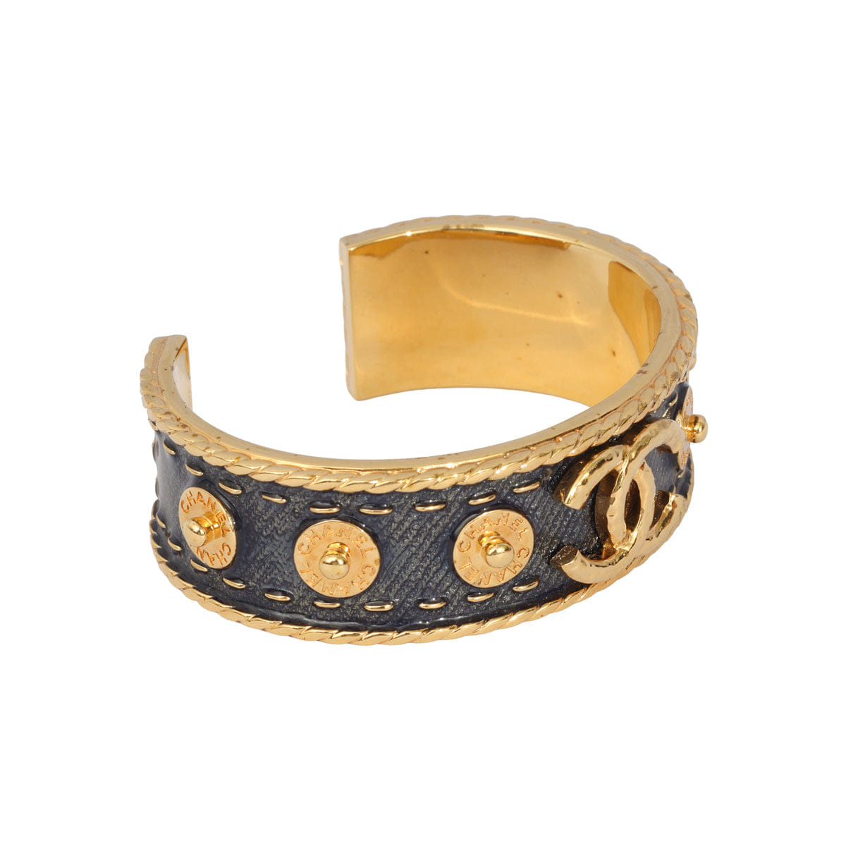 CHANEL DENIM AND GOLD METAL CUFF BRACELET