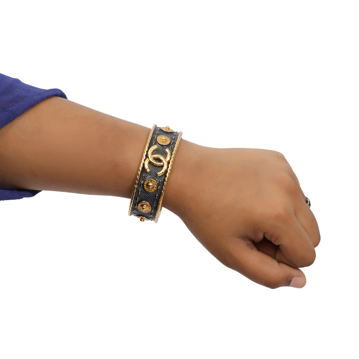 CHANEL DENIM AND GOLD METAL CUFF BRACELET