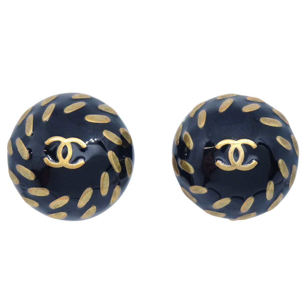 Chanel Button Clip - On Earrings Black Gold 98P