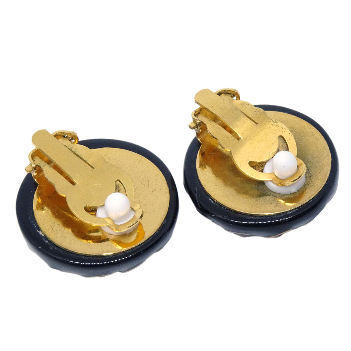 Chanel Button Clip - On Earrings Black Gold 98P