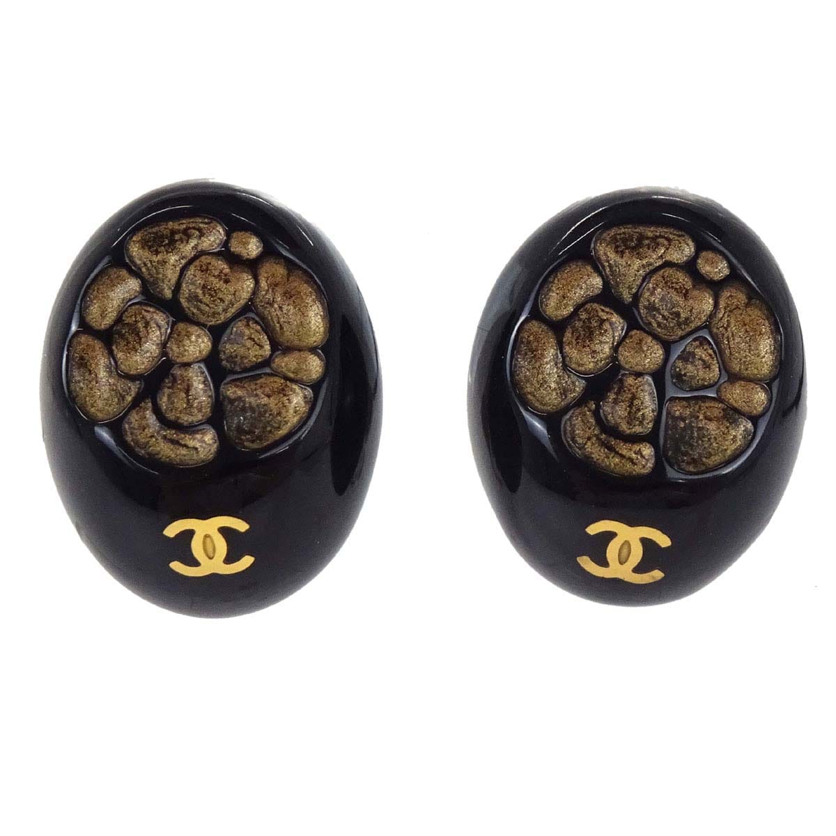 Chanel Oval Clip - On Earrings Black Gold 02P