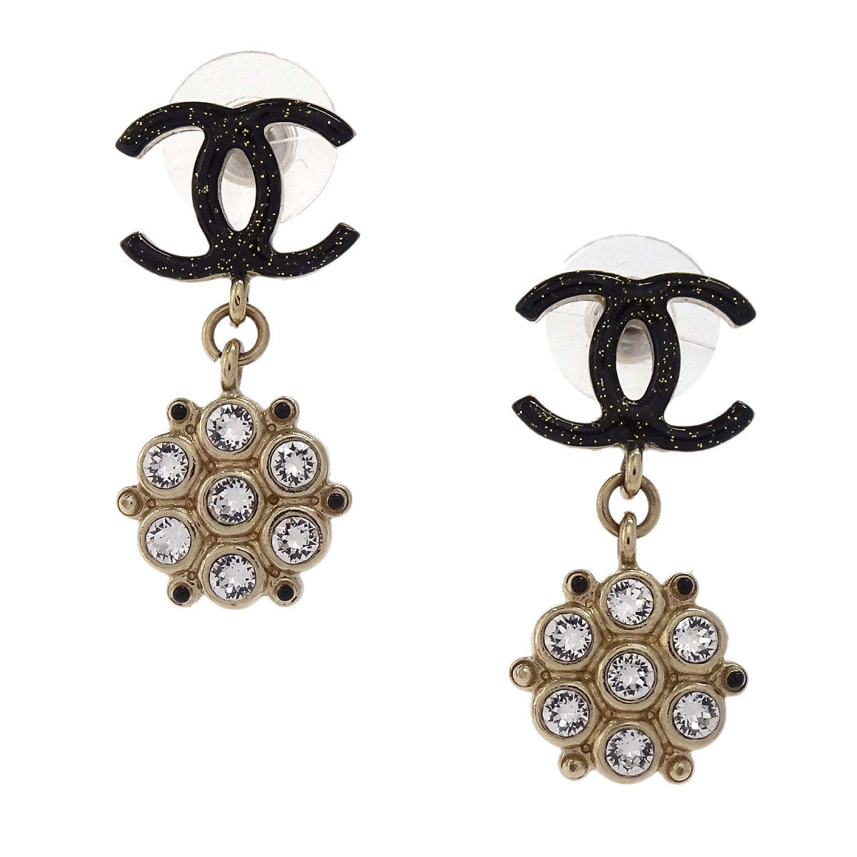 Chanel CC Dangle Pierced Earrings Gold Black Rhinestone B19B