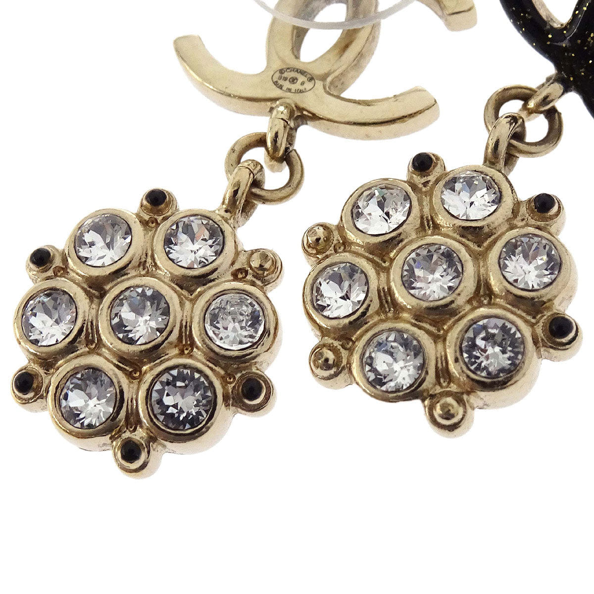 Chanel CC Dangle Pierced Earrings Gold Black Rhinestone B19B