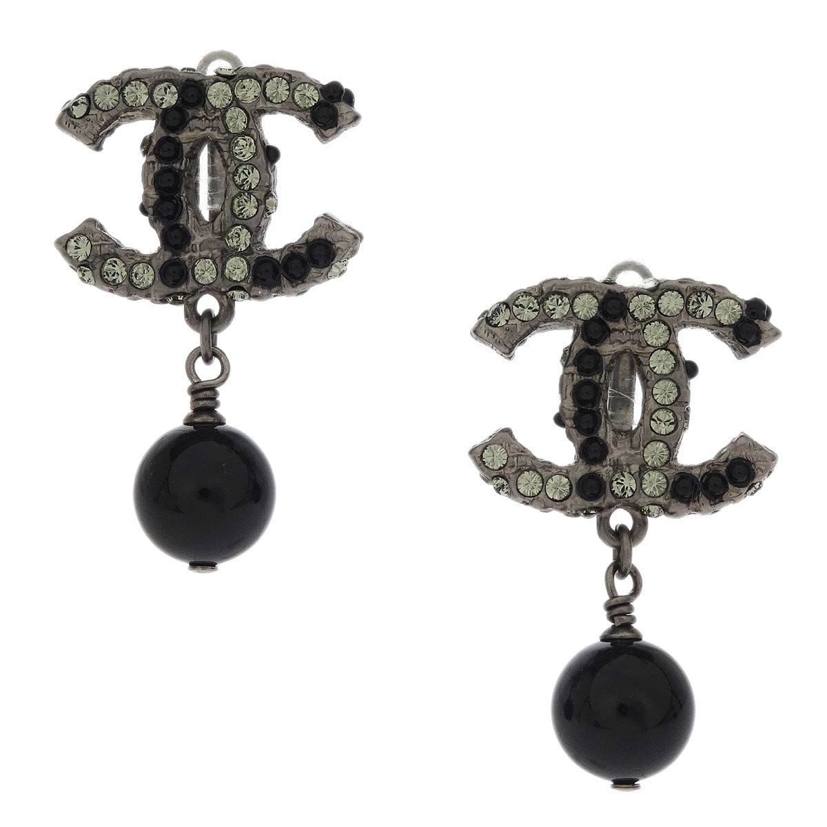 Chanel CC Earrings Clip - On Dangle Silver Rhinestone 10A