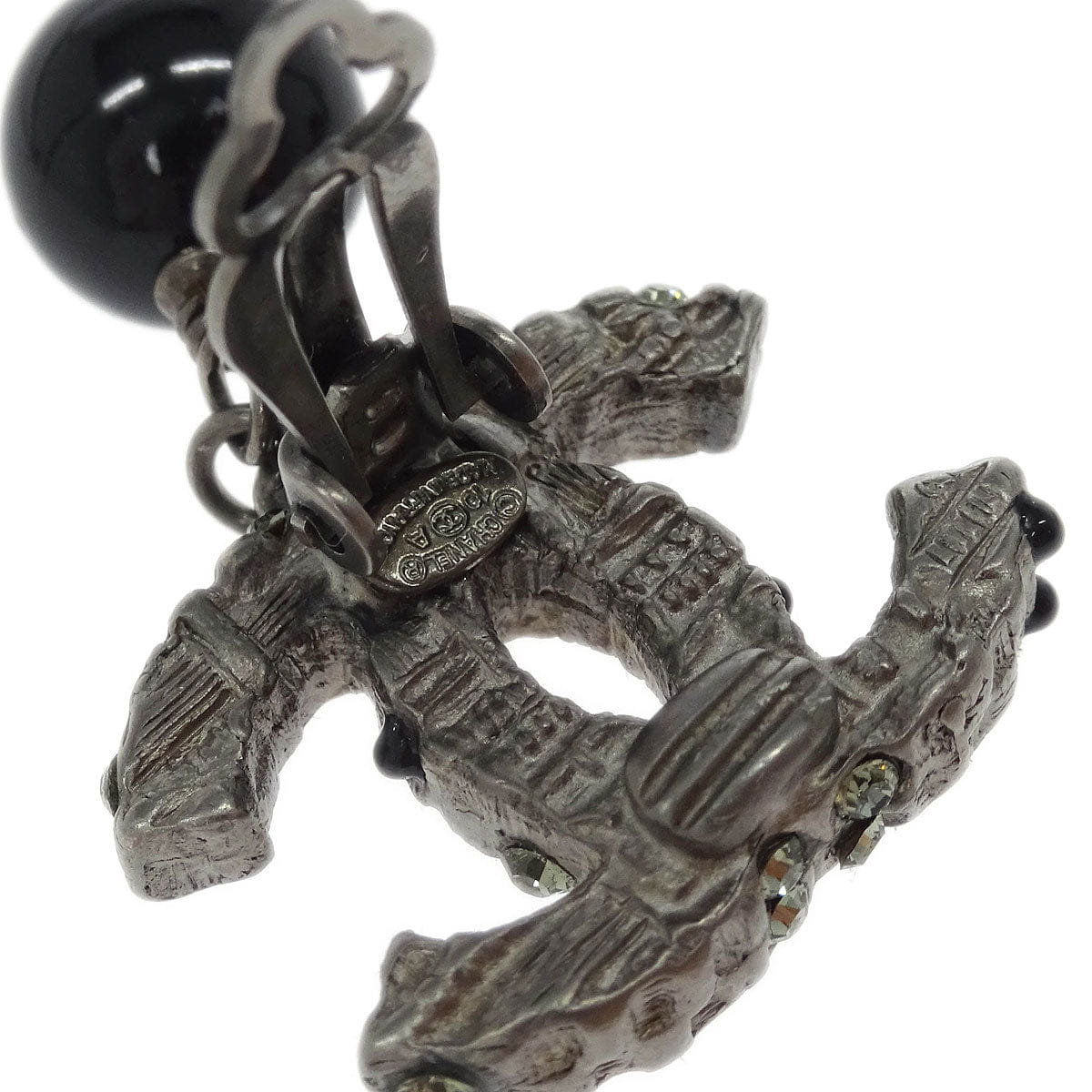 Chanel CC Earrings Clip - On Dangle Silver Rhinestone 10A