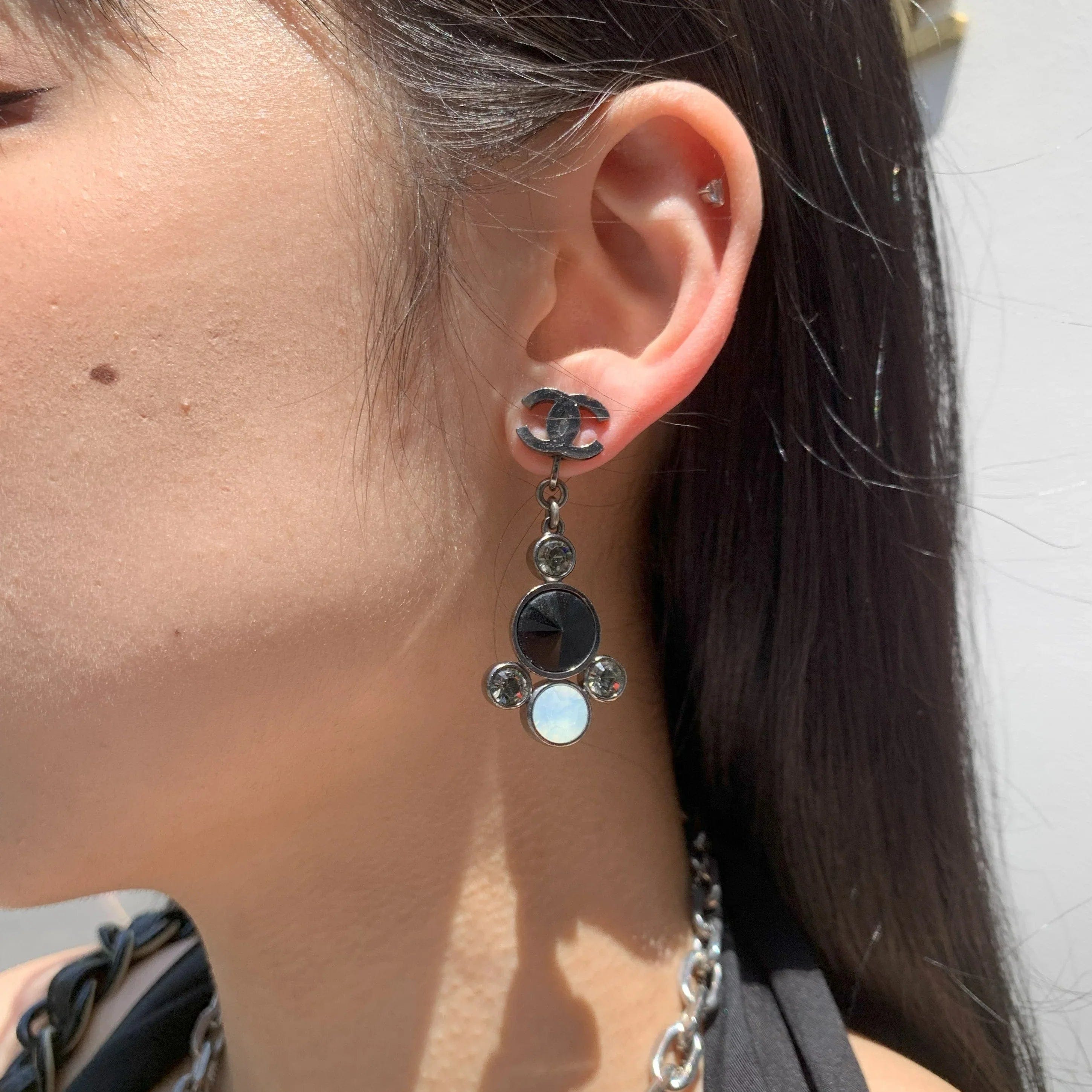 Chanel CC Dangle Earrings Clip - On Rhinestone 06A