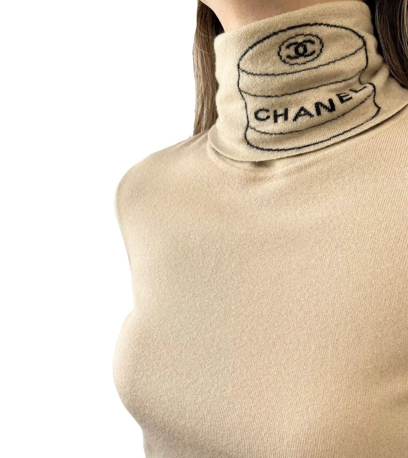 CHANEL Vintage 04A CC Logo Turtleneck Sweater #38 Long Sleeve Top Cream Cashmere
