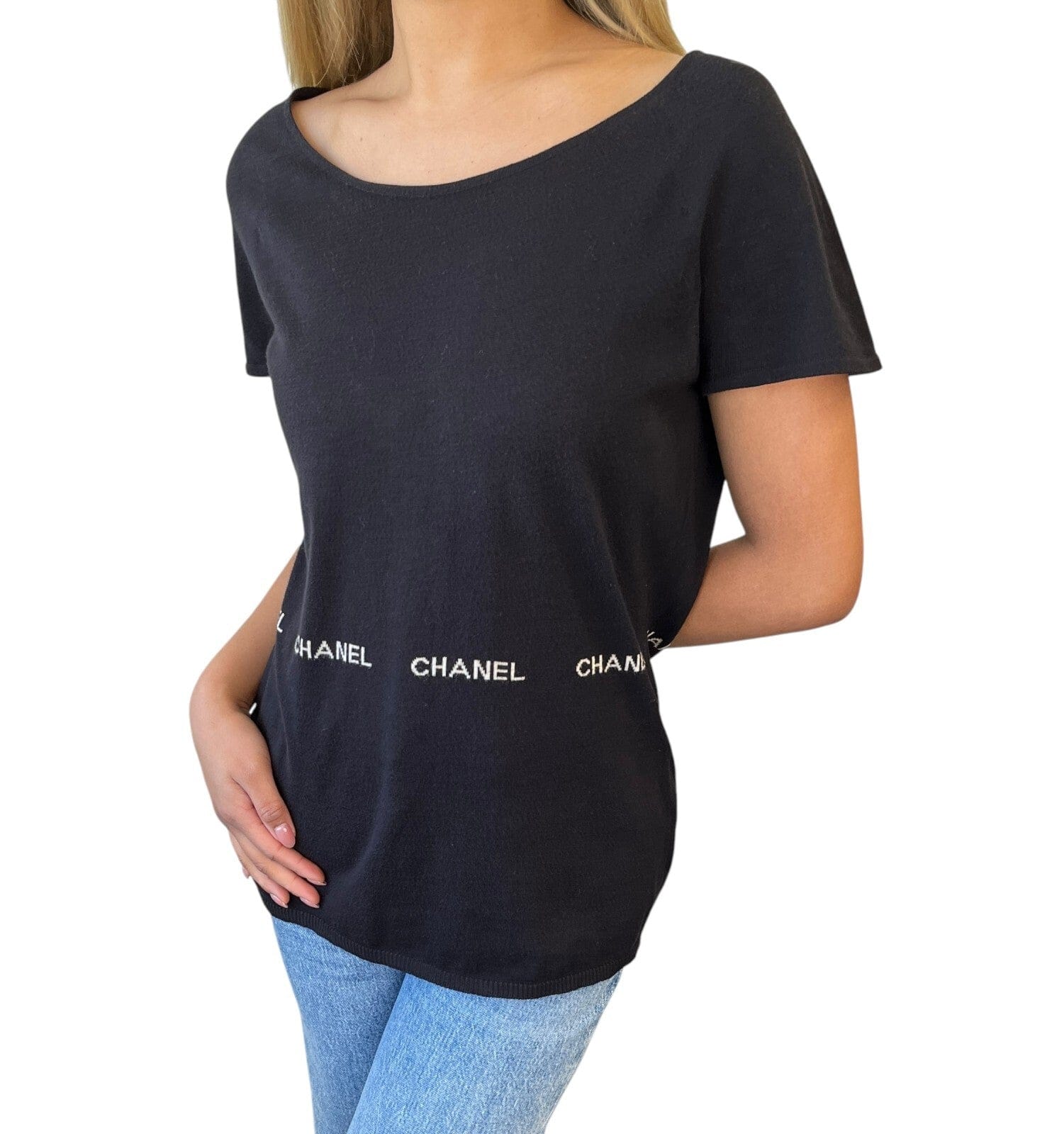 CHANEL Vintage 04P Logo Knit T - shirt Top #40 Round Neck Black White Cotton