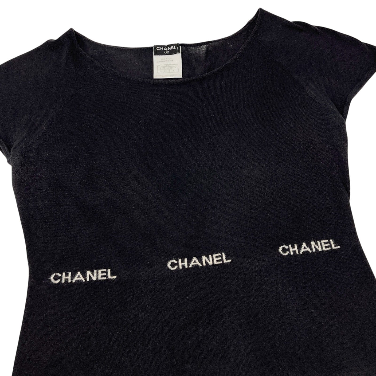 CHANEL Vintage 04P Logo Knit T - shirt Top #40 Round Neck Black White Cotton