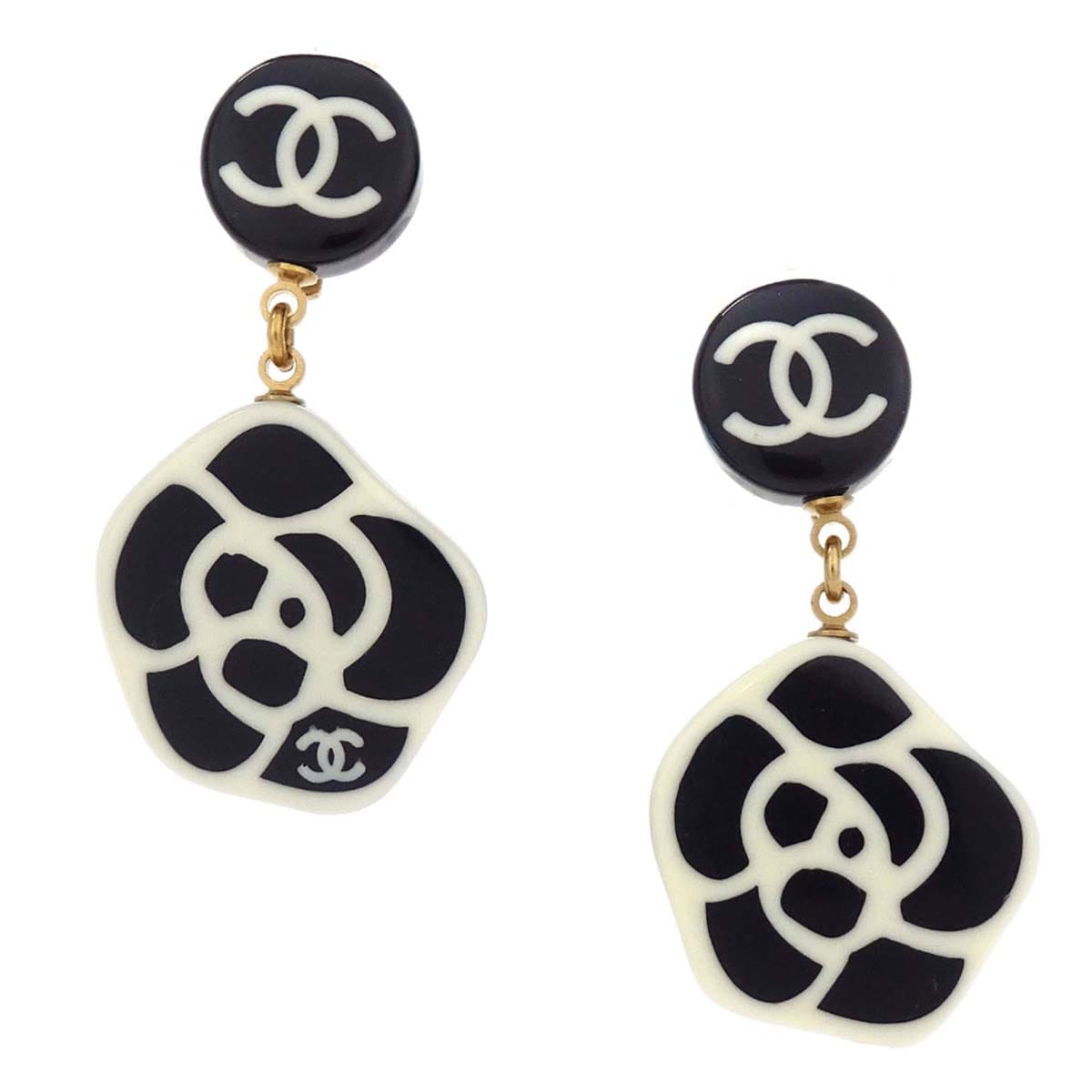 Chanel Dangle Camellia Clip - On Earrings Black Acrylic 03P