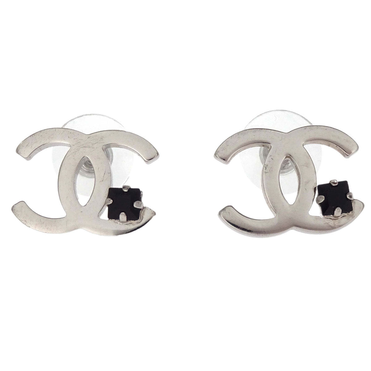 Chanel CC Pierced Earrings Silver Rhinestone 05P