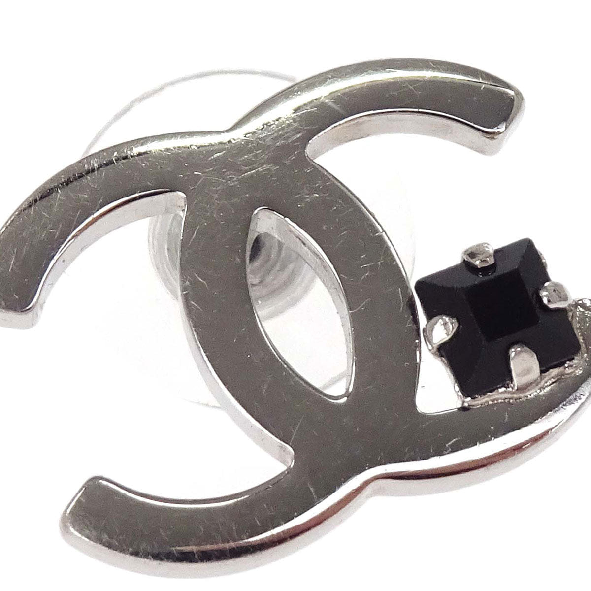 Chanel CC Pierced Earrings Silver Rhinestone 05P