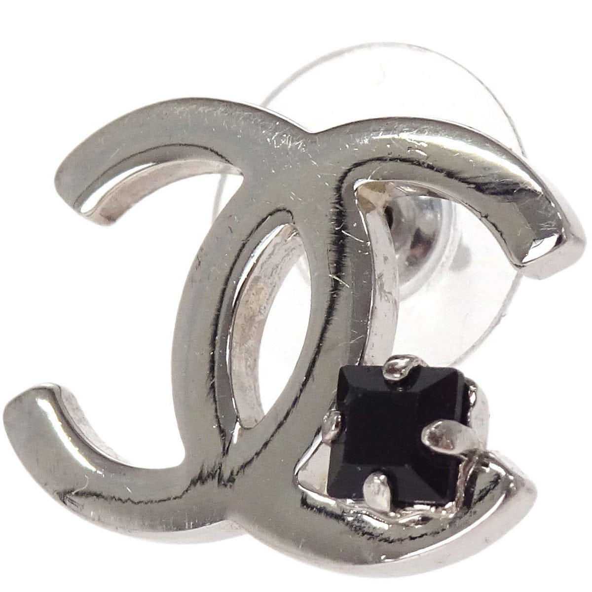 Chanel CC Pierced Earrings Silver Rhinestone 05P
