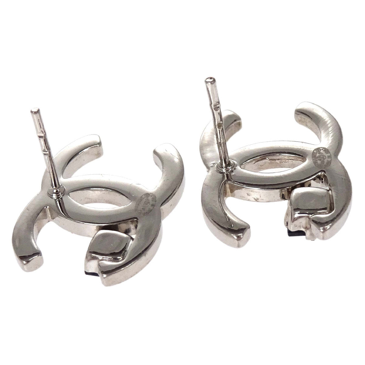 Chanel CC Pierced Earrings Silver Rhinestone 05P