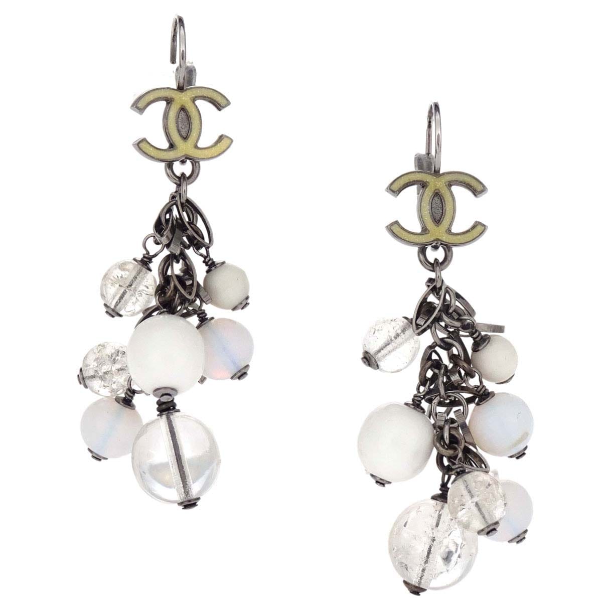 Chanel CC Dangle Acrylic Pierced Earrings Silver 07A