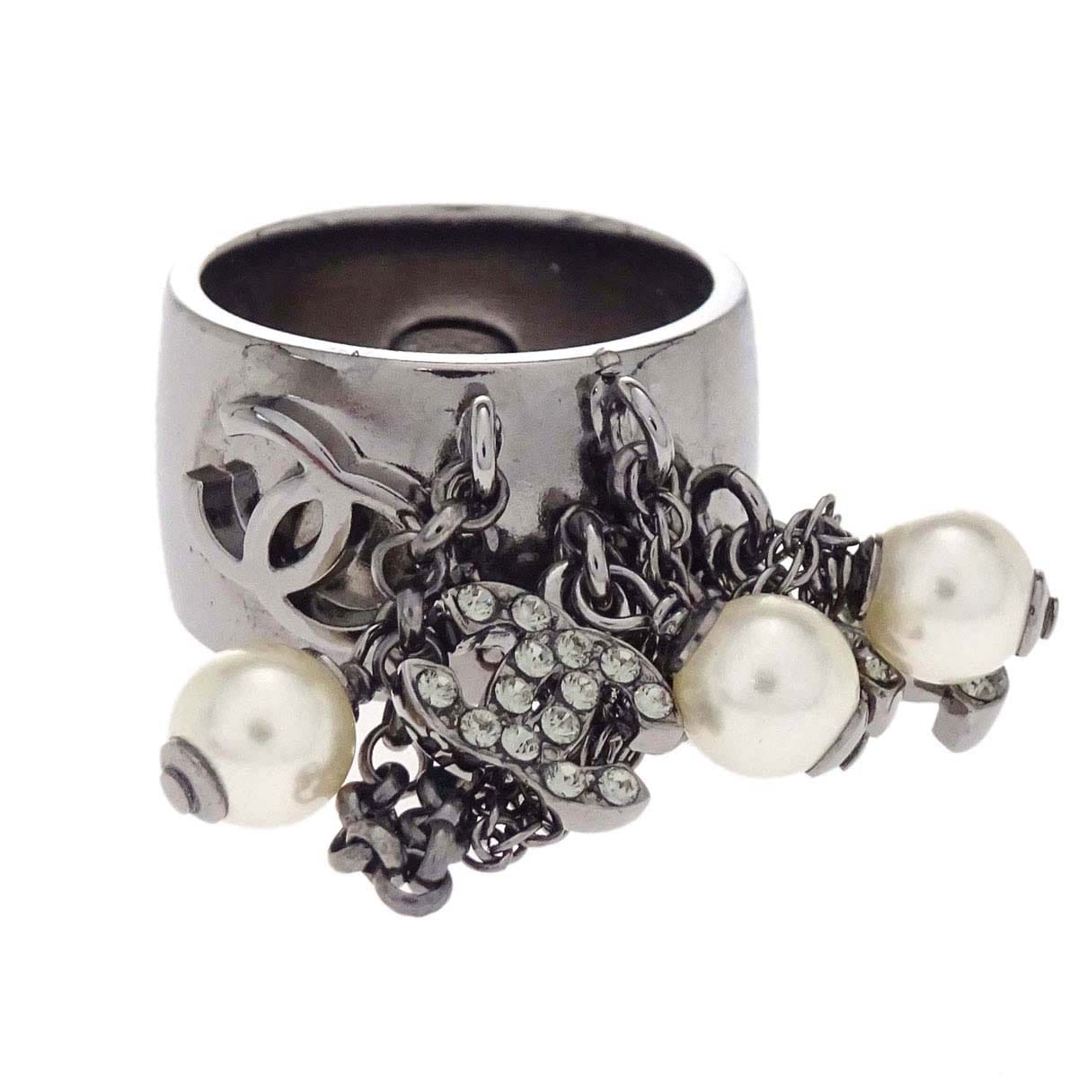 Chanel Ring Silver Rhinestone Costume Pearl Fringe #53 10A