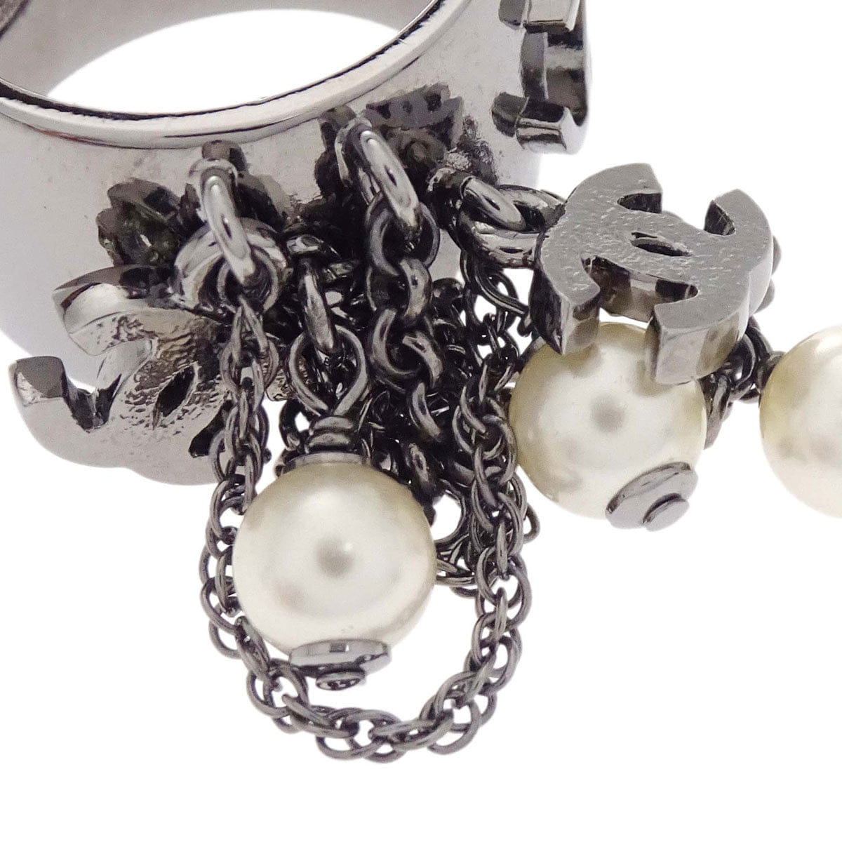 Chanel Ring Silver Rhinestone Costume Pearl Fringe #53 10A