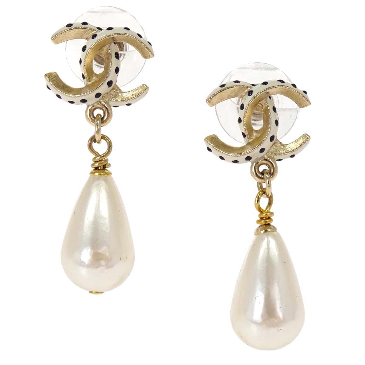 Chanel Dangle Pierced Earrings CC Costume Pearl Gold 16C