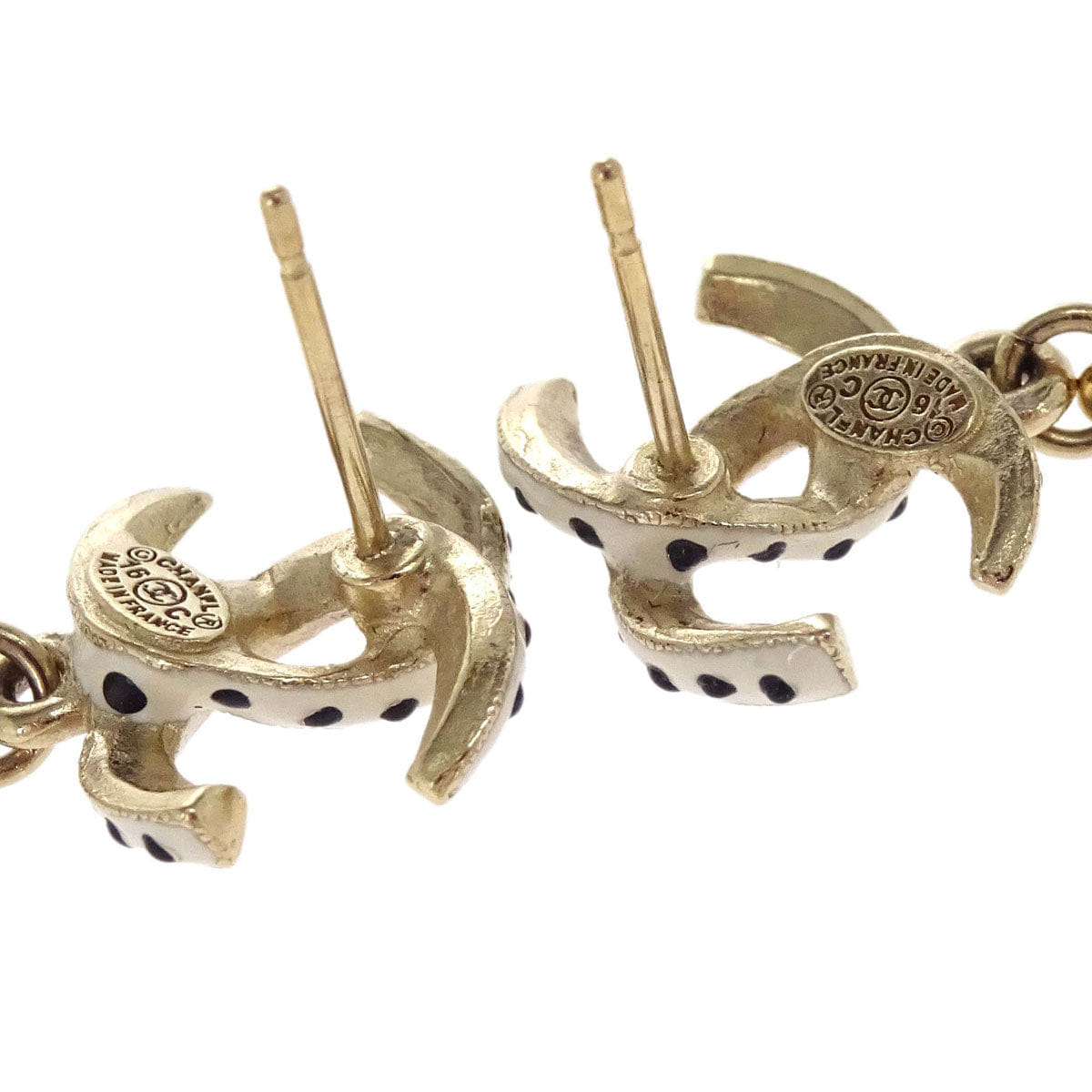 Chanel Dangle Pierced Earrings CC Costume Pearl Gold 16C