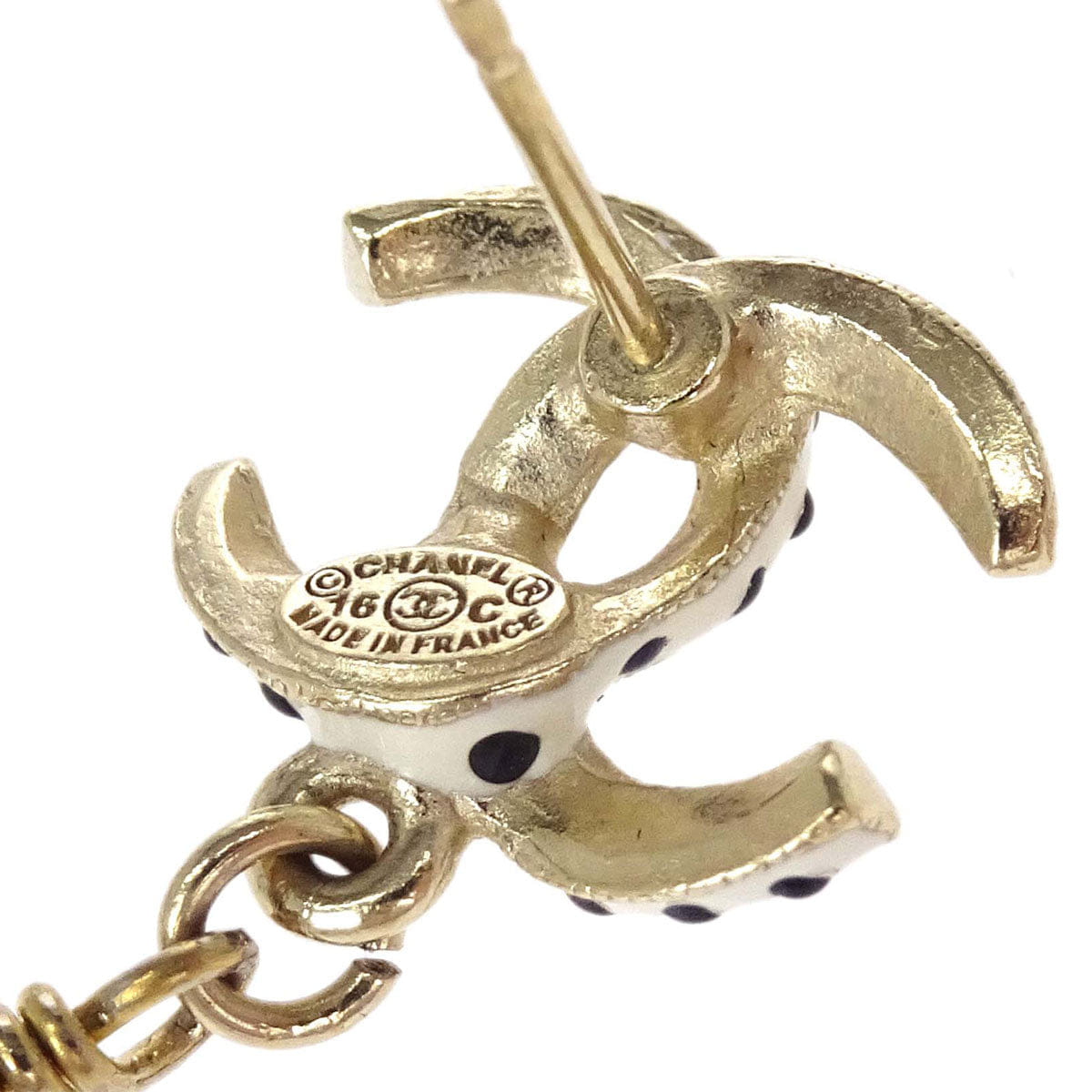 Chanel Dangle Pierced Earrings CC Costume Pearl Gold 16C
