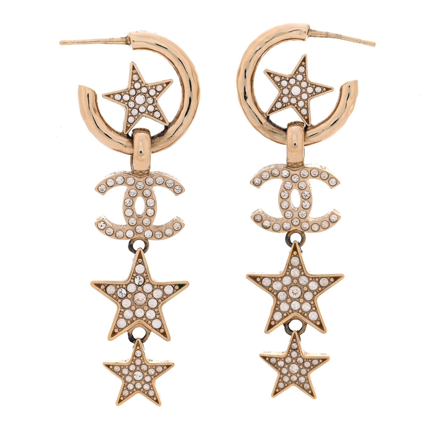 Chanel Crystal CC Star Long Drop Earrings Gold