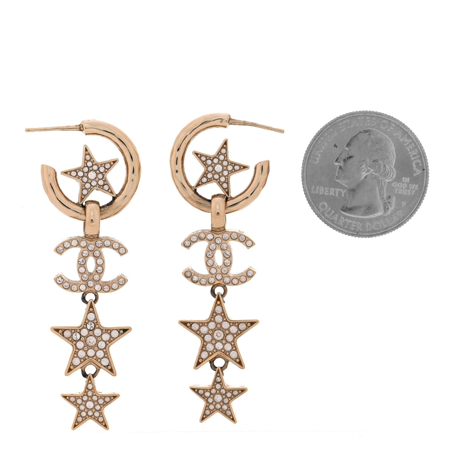 Chanel Crystal CC Star Long Drop Earrings Gold