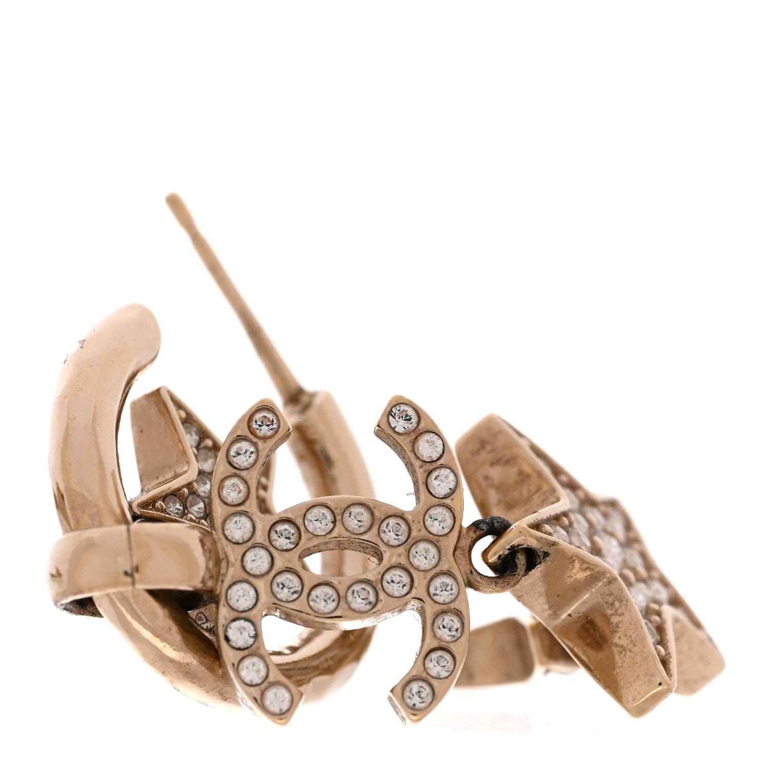 Chanel Crystal CC Star Long Drop Earrings Gold