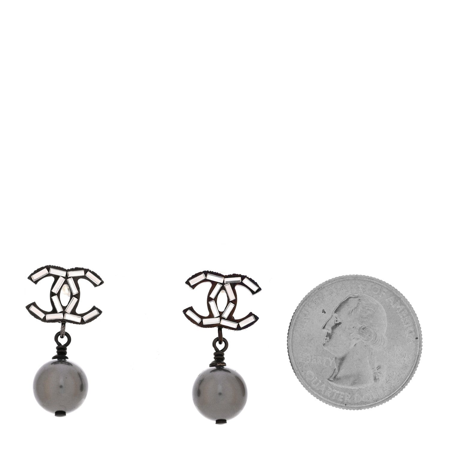 Chanel Ruthenium Pearl Crystal Baguette CC Drop Earrings Silver Grey