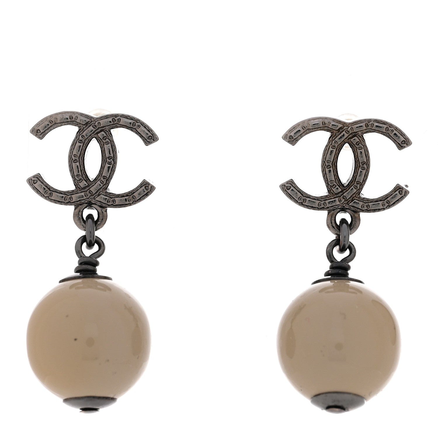 Chanel Crystal Bead CC Drop Earrings Ruthenium Grey