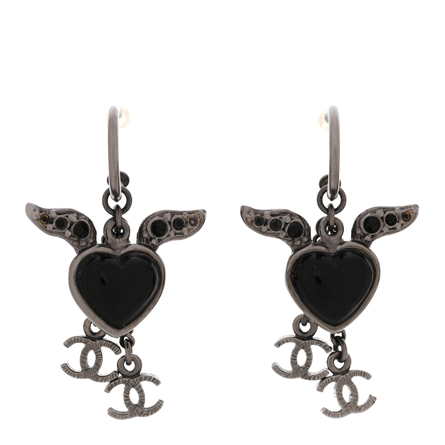 Chanel Enamel Crystal Heart Wing CC Drop Earrings Black Silver