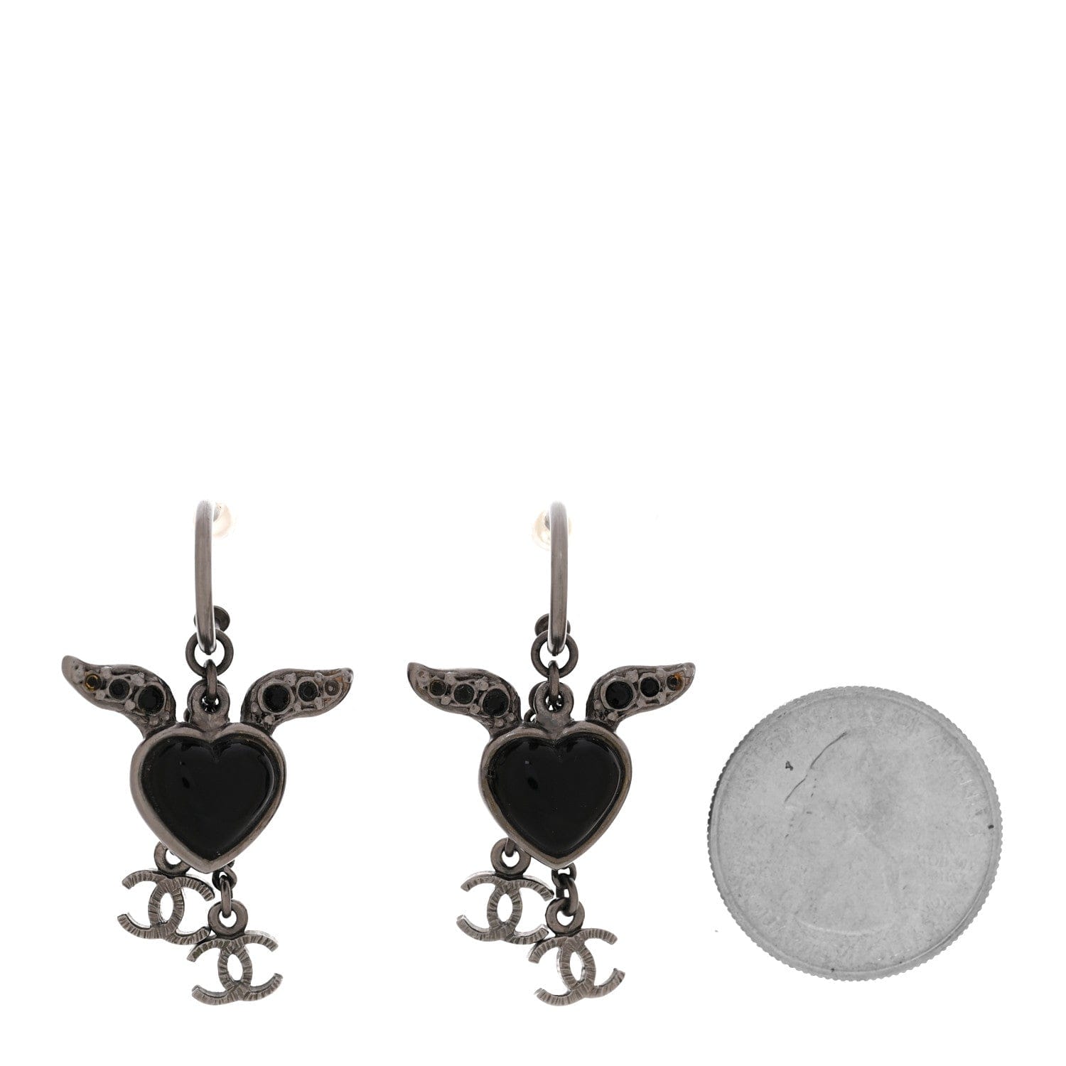 Chanel Enamel Crystal Heart Wing CC Drop Earrings Black Silver