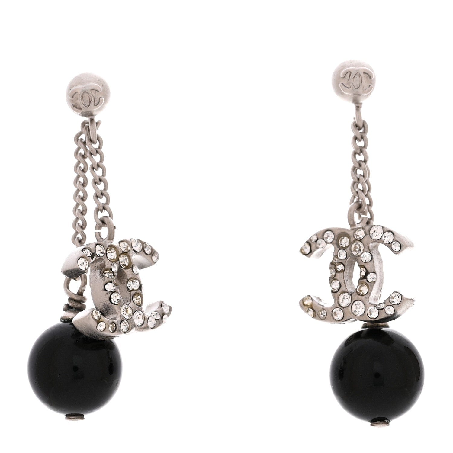 Chanel Crystal CC Bead Drop Earrings Silver Black