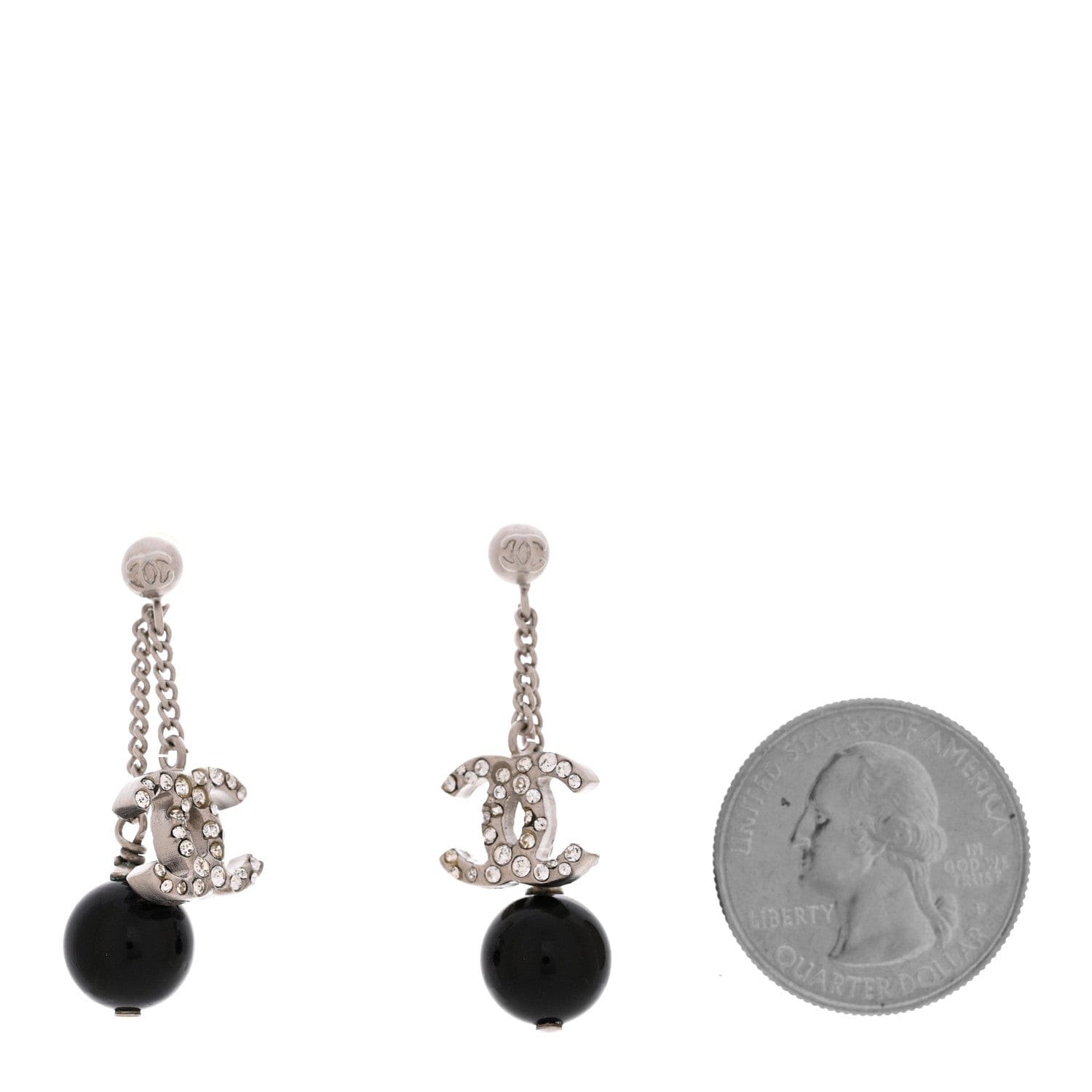 Chanel Crystal CC Bead Drop Earrings Silver Black