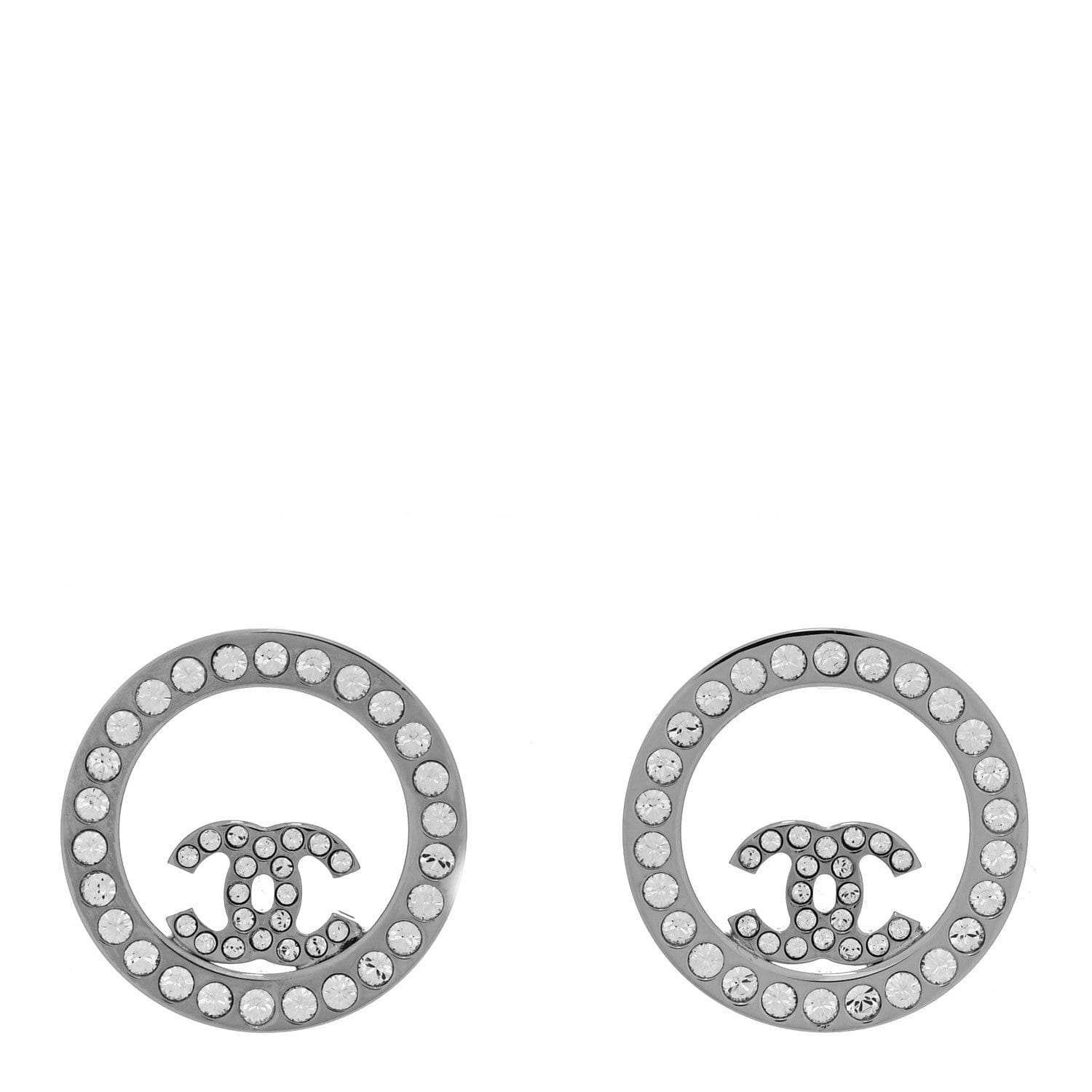 Chanel Crystal CC Round Earrings Silver
