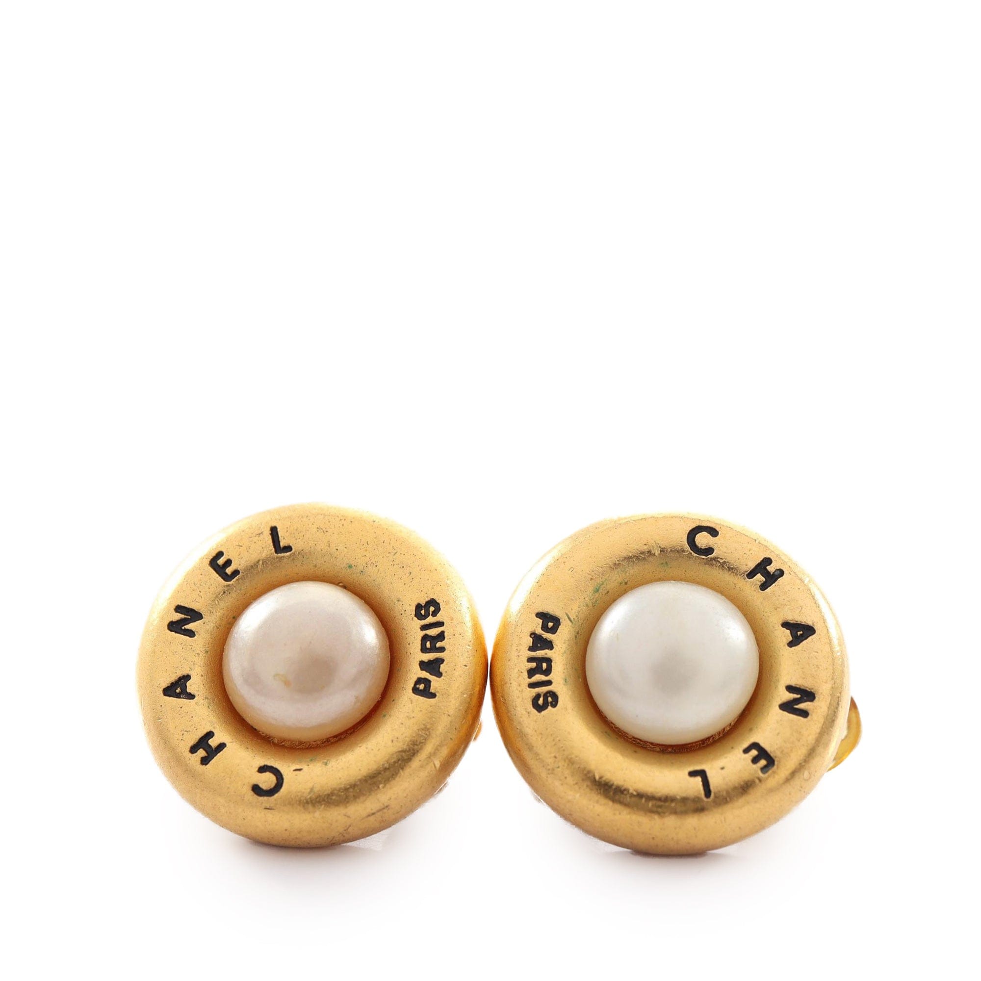 Chanel Gold Plated Faux Pearl Round Clip On Earrings