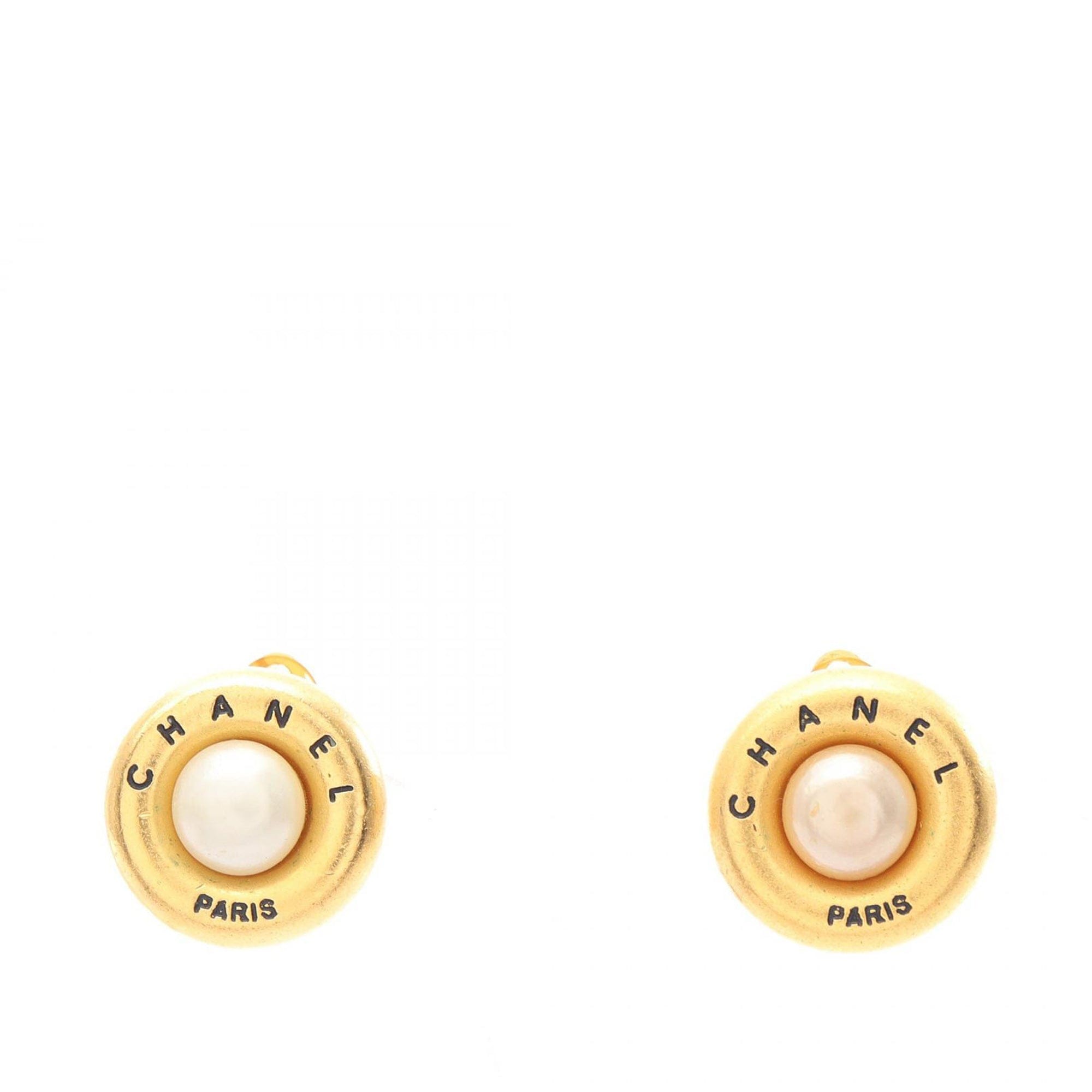 Chanel Gold Plated Faux Pearl Round Clip On Earrings