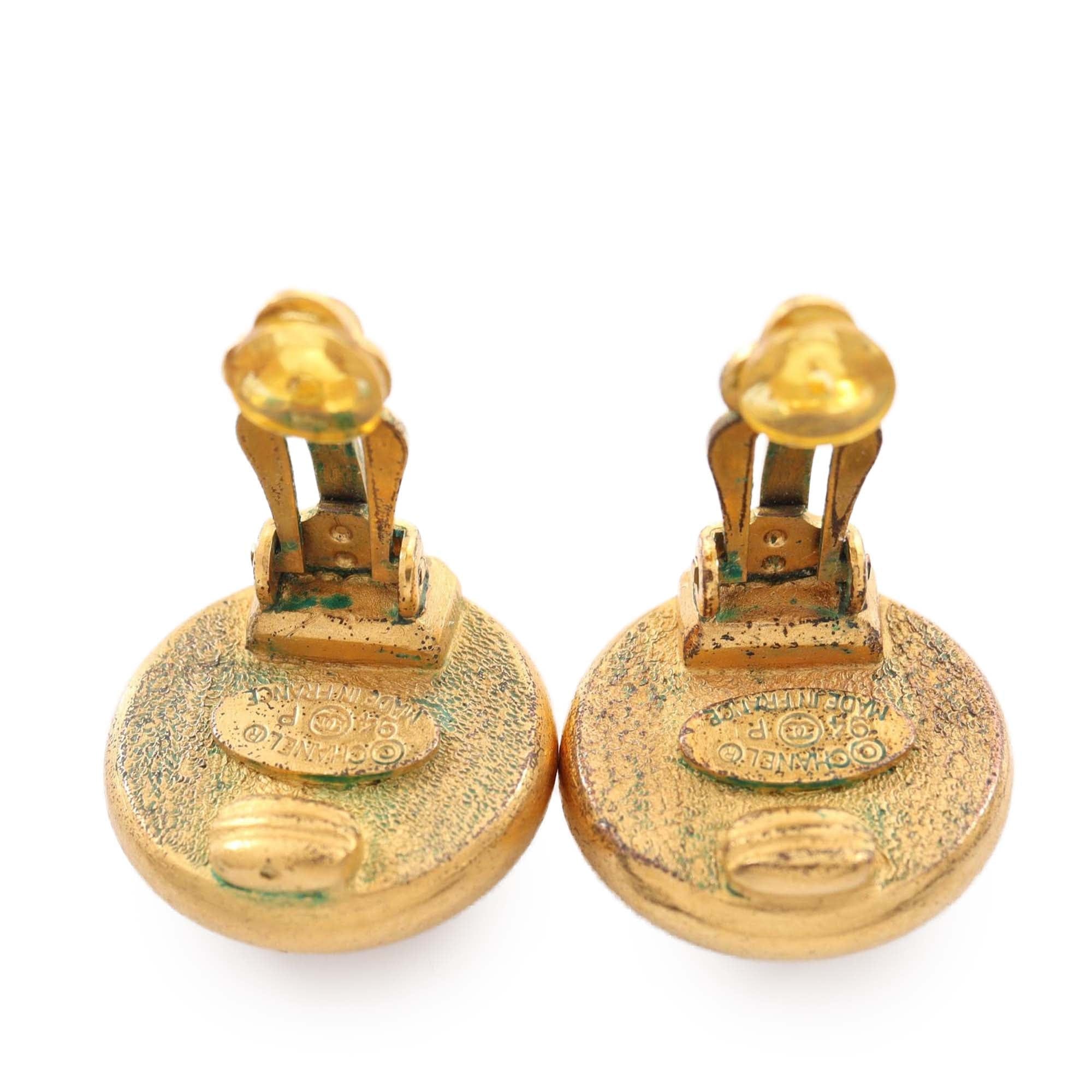 Chanel Gold Plated Faux Pearl Round Clip On Earrings