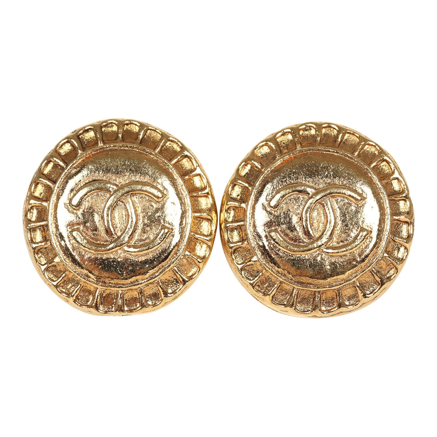 Chanel Vintage Chanel Small Round Sun Border CC Clip On Earrings Gold Plated Hardware