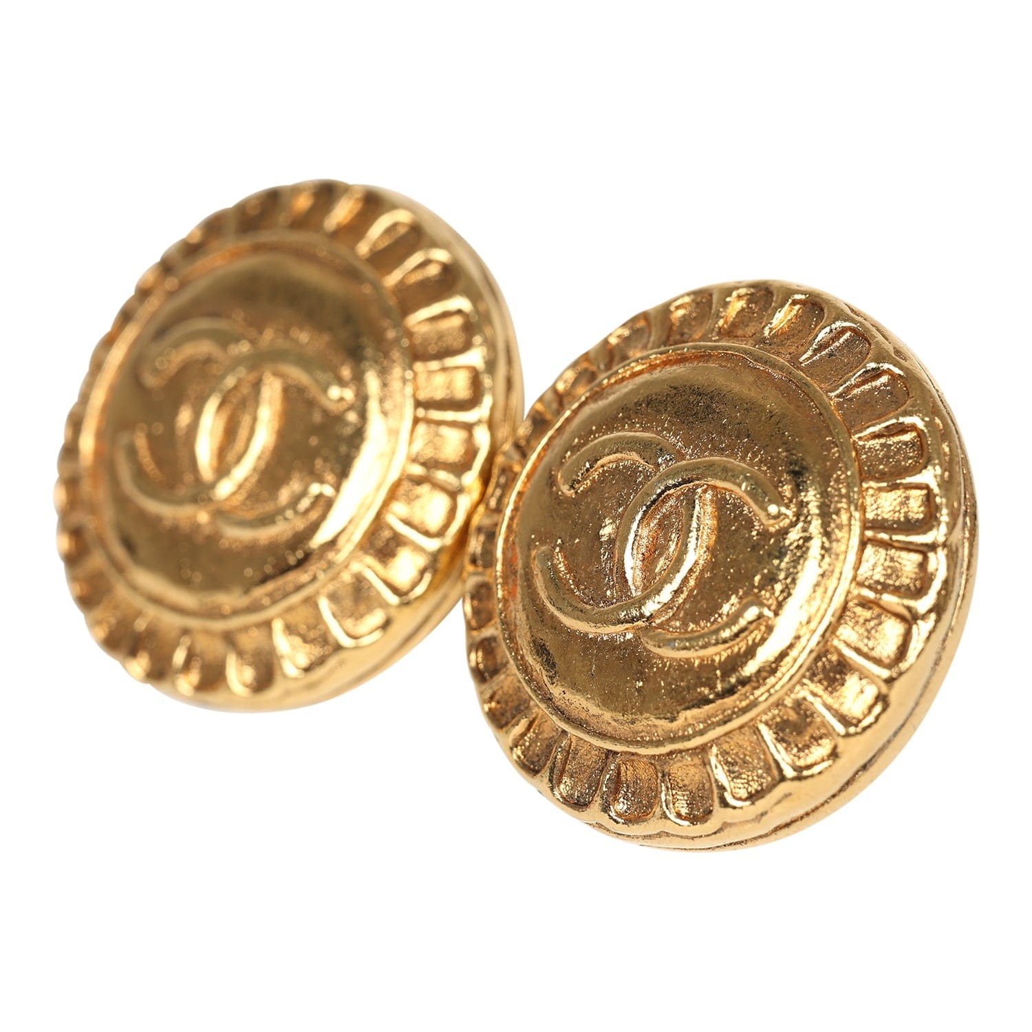 Chanel Vintage Chanel Small Round Sun Border CC Clip On Earrings Gold Plated Hardware
