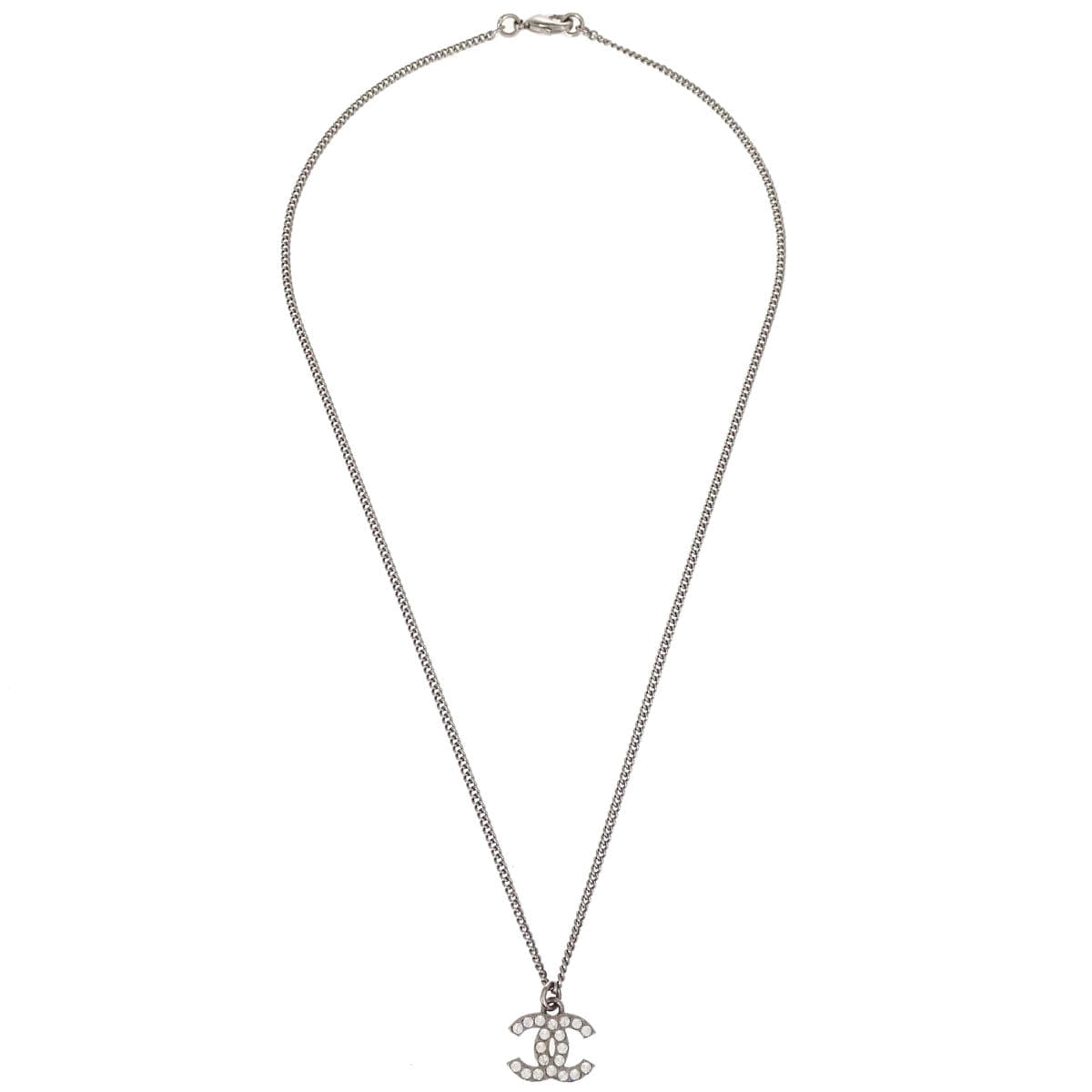 Chanel CC Chain Necklace Pendant Silver Rhinestone F12V