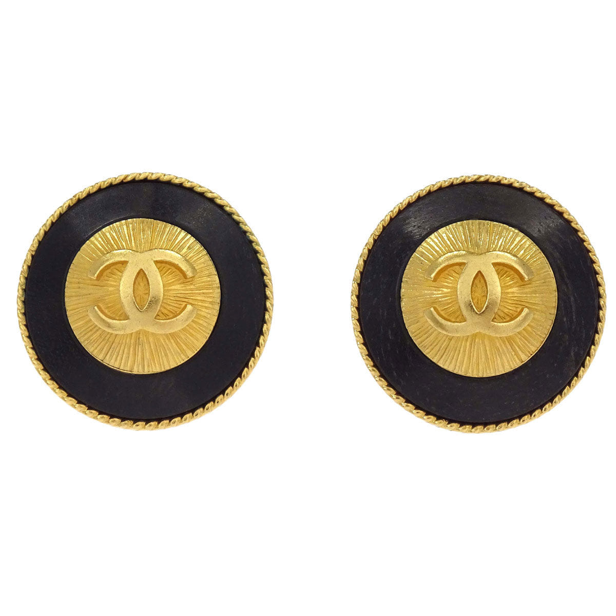 Chanel Button Clip - On Earrings Gold Black 93A