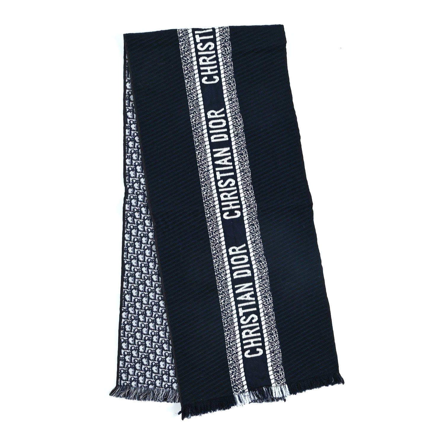 Christian Dior Wool Silk Oblique University Reversible Scarf Navy Blue