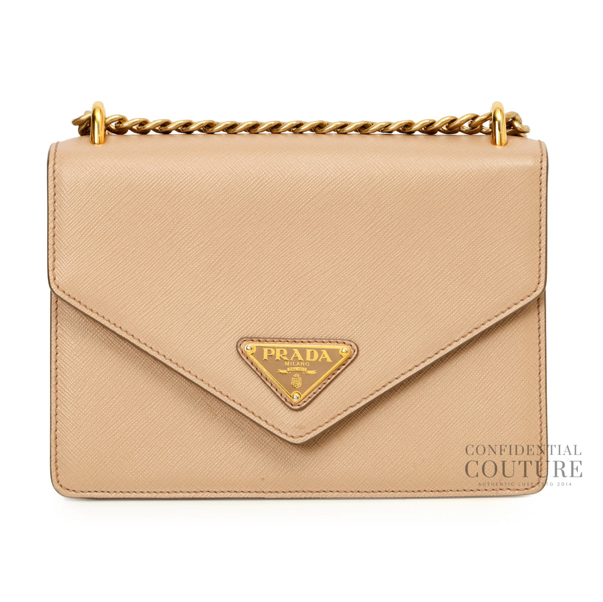 Prada Envelope Flap Saffiano Beige Leather Chain Shoulder