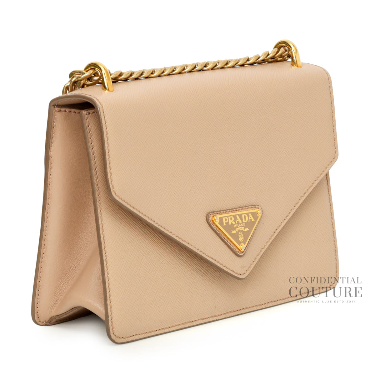 Prada Envelope Flap Saffiano Beige Leather Chain Shoulder