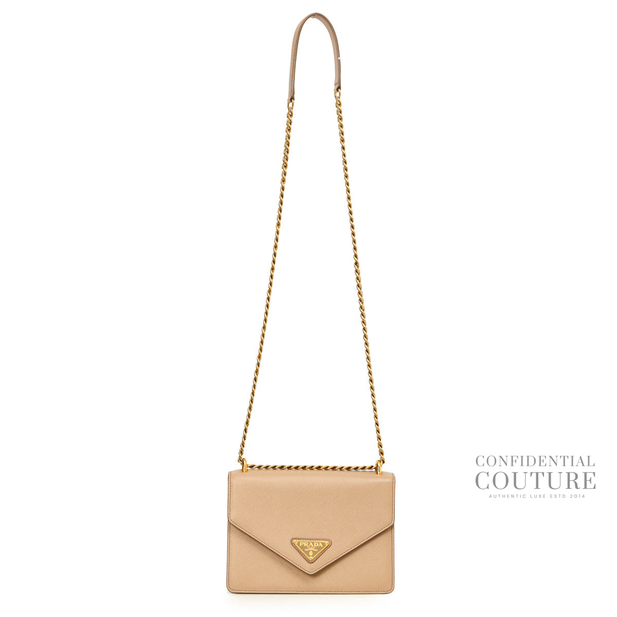 Prada Envelope Flap Saffiano Beige Leather Chain Shoulder