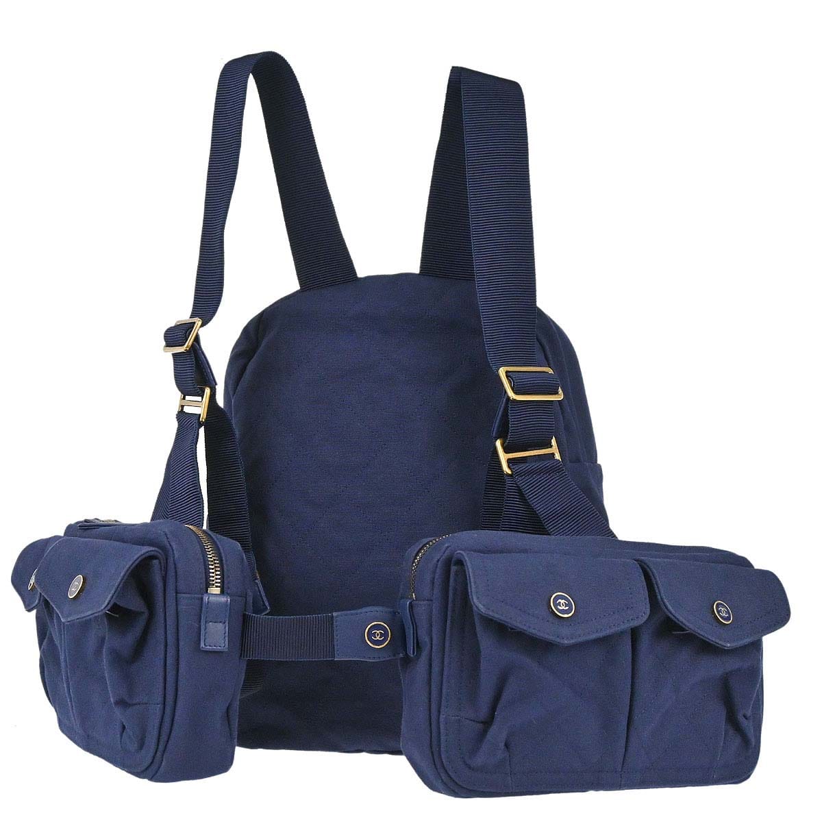 Chanel 2019 Navy Canvas Double Waist Bag Backpack