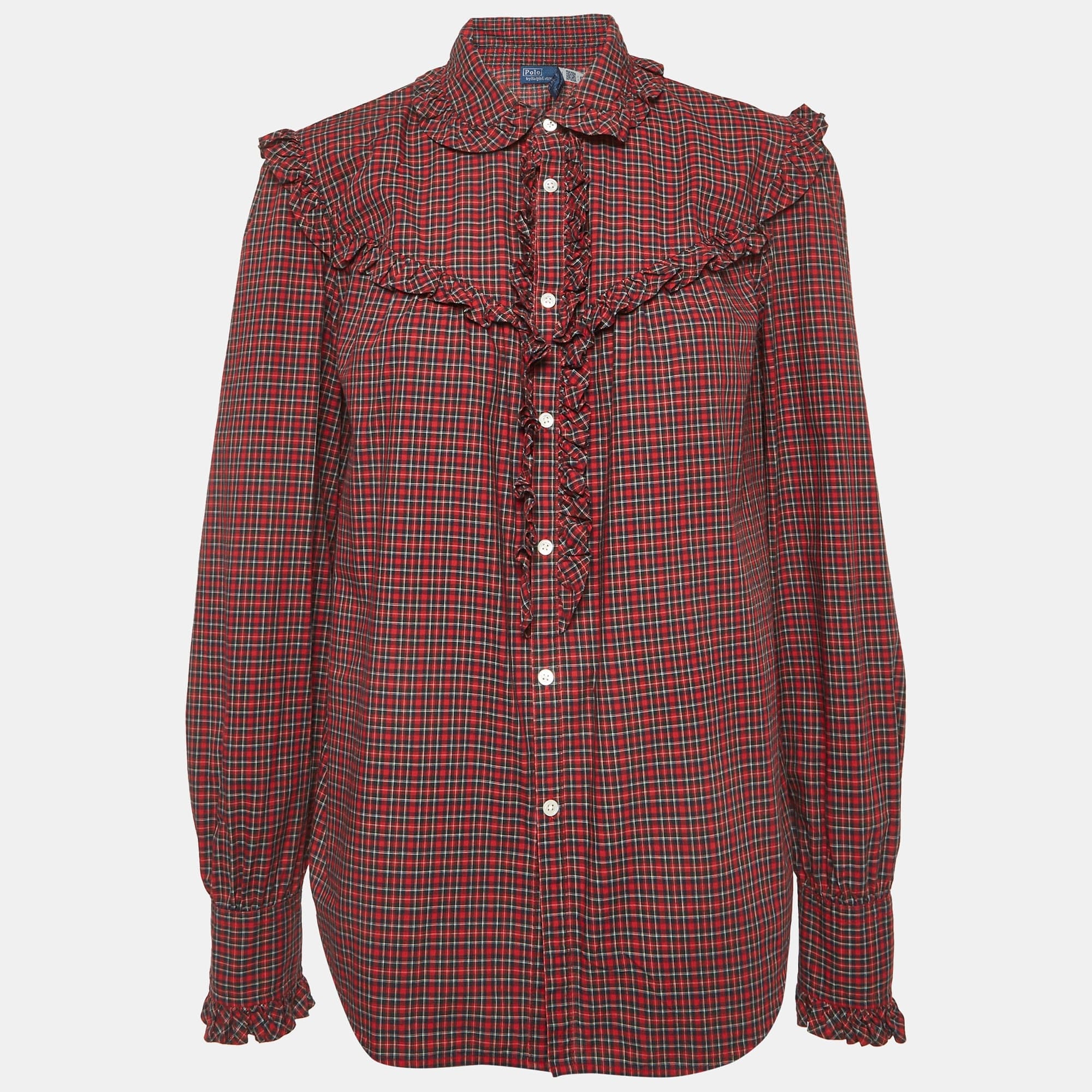 Polo Ralph Lauren Red Plaid Cotton Ruffle Trim Shirt
